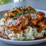 Tender Slow Cooker Honey Mustard Chicken resting in a rich, glossy sauce, garnished with fresh thyme alongside creamy mashed potatoes and roasted broccoli florets.