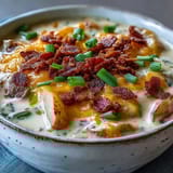 Spoon dipping into a bowl of Loaded Potato Soup, serving the velvety cheddar and bacon soup hot.