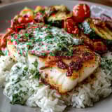 Pan-seared fish bowl garnished with fresh parsley, served with roasted zucchini, bell peppers, and zesty lemon glaze.