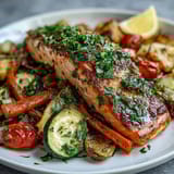 A healthy, gluten-free dinner for four featuring tender salmon fillets nestled among colorful roasted vegetables on a single sheet pan.