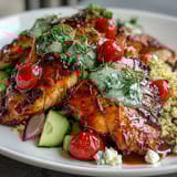 Grilled chicken and veggie bowl with zesty lemon vinaigrette, fresh greens, and colorful vegetables for a healthy, vibrant meal.  