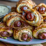 Golden, flaky crescent-wrapped cocktail sausages ready for dipping in tangy honey mustard sauce, perfect for parties.