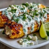 A plate of elote-style microwave corn on the cob, slathered in creamy sauce and topped with crumbled Cotija cheese and chili powder.