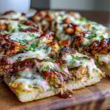 Grilled BBQ chicken flatbread pizza topped with red onion, jalapeño, and a drizzle of tangy barbecue sauce for bold flavor.  