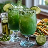 Spicy jalapeño rim adorns this refreshing Viral Pickle Margarita Mocktail, ready to sip.