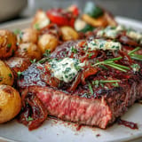 Juicy steak and roasted vegetables on one pan for Father's Day.