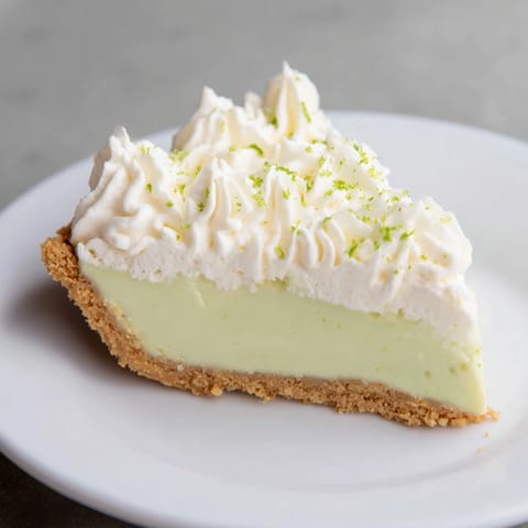 A slice of Key Lime Pie with a creamy filling and fluffy whipped cream topping.