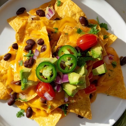 A sizzling platter of loaded nachos, featuring melted cheddar and black beans, ready to eat.