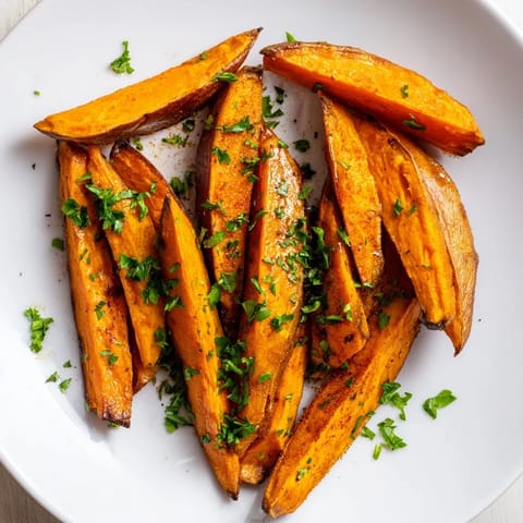 A close-up of perfectly cooked sweet potato fries, offering a naturally sweet, satisfying snack.