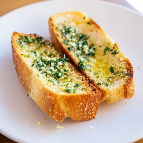 Crispy garlic bread slices, freshly baked and ready to be served alongside a hearty Italian meal.
