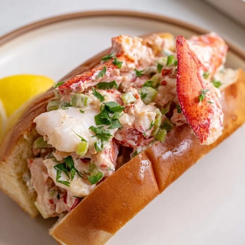 Close-up of a flavorful New England lobster roll, with succulent lobster and fresh herbs.