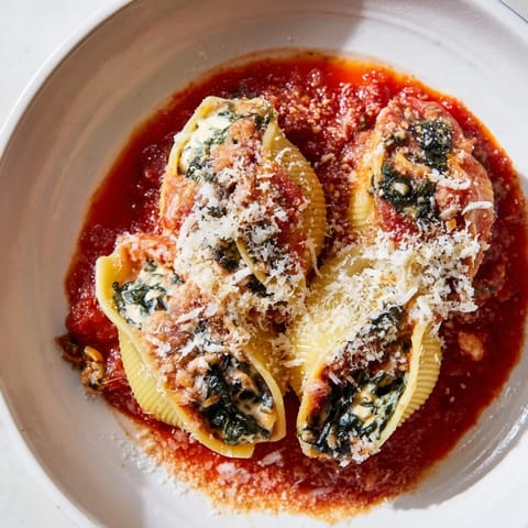 Baked stuffed shells bubbling golden brown, filled with spinach ricotta, and covered in savory tomato sauce.