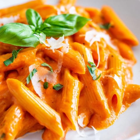 Creamy Roasted Red Pepper Pasta served in a white bowl, garnished with parsley and a light dusting of cheese.