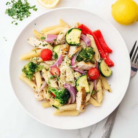 Close-up of garlic herb chicken and veggie penne, featuring sliced zucchini, bell peppers, and cherry tomatoes tossed in a skillet.  