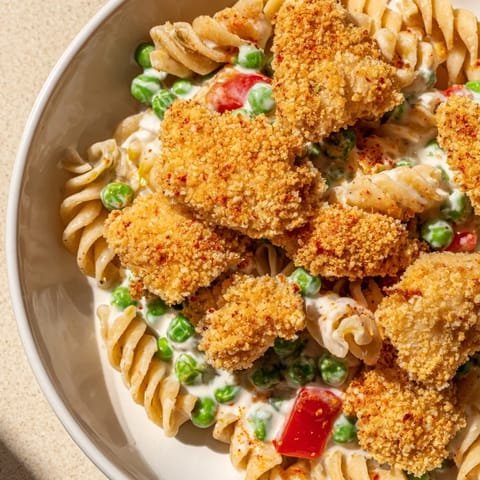 A serving of Crispy Chicken Ranch Pasta Salad for a summer picnic, showing tender pasta, sweet peas, and crunchy homemade chicken bites drizzled with homemade dill ranch.