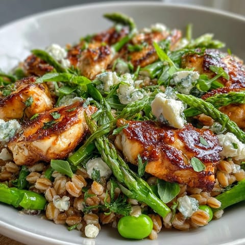 A close-up of Warm Spring Farro Chicken Salad with tender grains, grilled chicken, blanched asparagus, peas, and fresh arugula in a light lemon vinaigrette.