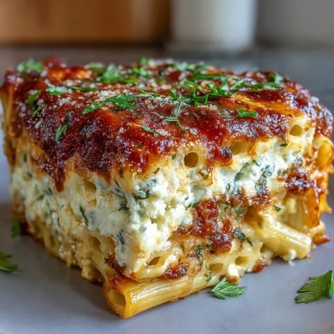 A generous slice of family-style Italian-American baked ziti sits on a plate, ready to be paired with garlic bread and a fresh salad.