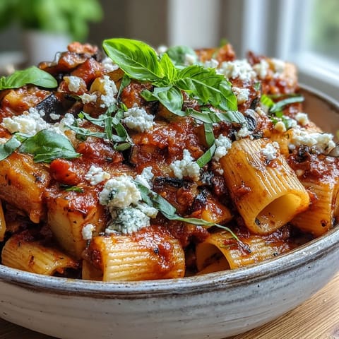 Steaming, saucy Pasta Alla Norma in a rustic bowl, with tender roasted eggplant cubes and fresh basil leaves, ready to enjoy.