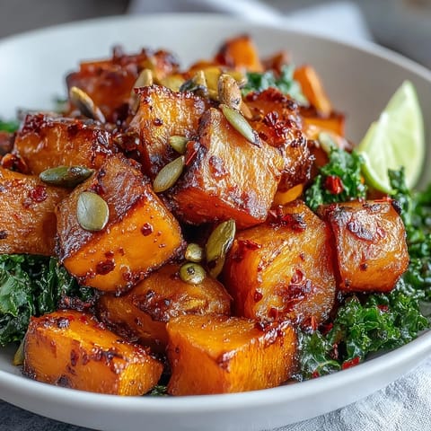 A close-up of Sweet and Spicy Red Kuri Squash Bowl garnished with pepitas and cilantro.