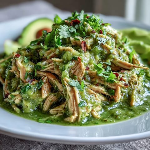 Golden seared chicken thighs nestled in the pot with a bright, tangy Chicken Chili Verde, garnished with creamy avocado and zesty lime wedges for serving.  