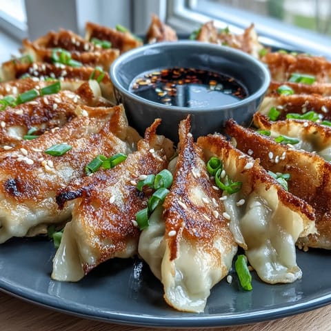 Golden-brown smashed gyozas sizzling in a skillet, their crispy edges glistening with a light oil sheen and ready to be served with a dipping sauce.