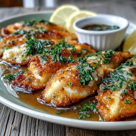 Flounder Meunière sizzling in a skillet with foamy butter and dredged flour coating.
