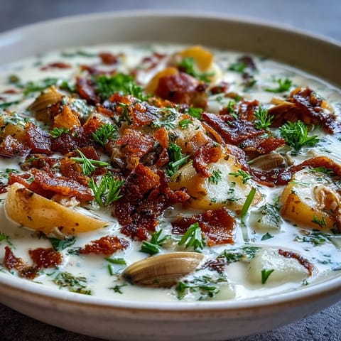 Steaming bowl of New England Clam Chowder featuring tender clams and diced potatoes in a rich, creamy broth, garnished with fresh parsley.