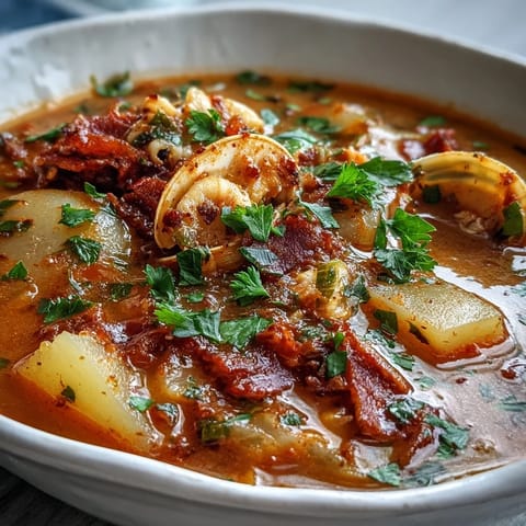 A comforting bowl of Manhattan Clam Chowder featuring tender clams, potatoes, and aromatic vegetables ready to eat.