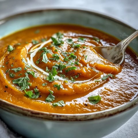 Vibrant orange Carrot and Lentil Soup in a rustic bowl, served with crusty bread for dipping on the side.