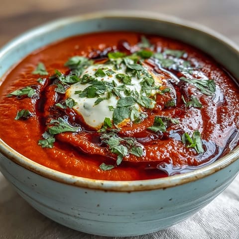 Vibrant Mediterranean roasted red pepper soup, vegetarian and gluten-free, ready to serve with crusty artisan bread.