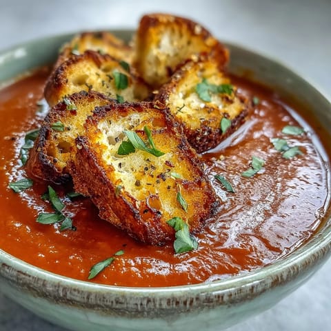 Close-up of Roasted Red Pepper Soup topped with crunchy croutons and a swirl of cream.