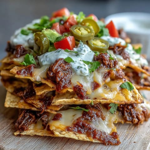 Sturdy tortilla chips piled high with smoky barbecue beef, melty cheese, and pickled jalapeños for a game day snack.