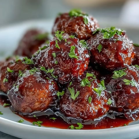 Tender cocktail meatballs swim in a glossy grape jelly and chili sauce blend, ready for serving.