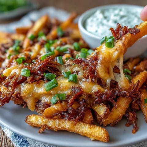 Oven-baked Cheesy BBQ Fries with Ranch Dip served hot and gooey, perfect for a family movie night snack.