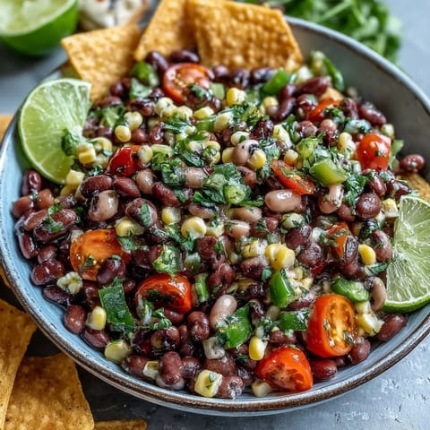 A close-up of fresh Cowboy Caviar with bright red onions, jalapeños, and chopped cilantro in a zesty lime dressing.