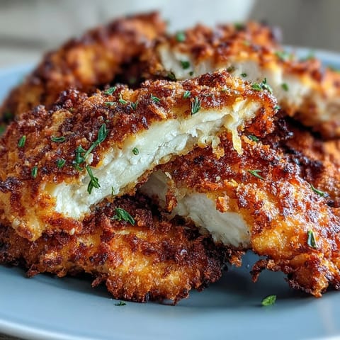 Golden brown Air Fryer Chicken Strips resting on a plate next to a small bowl of ranch dip.