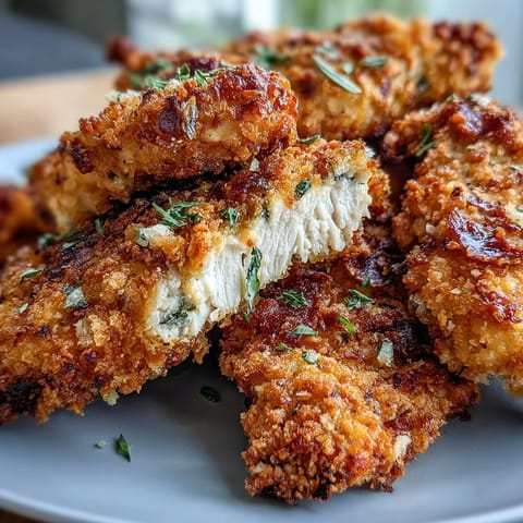 Crispy Air Fryer Chicken Strips with a golden panko coating on a plate with fresh lemon wedges.