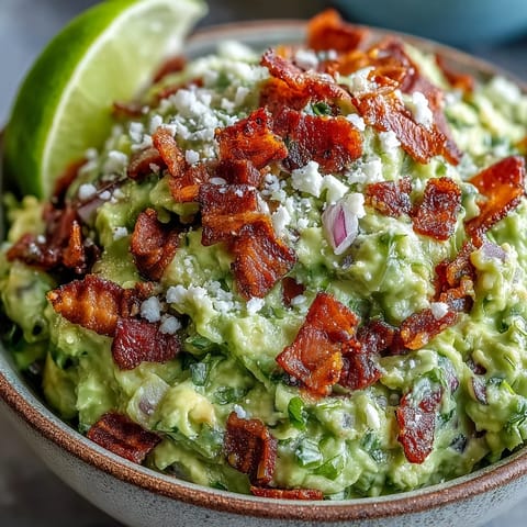 A bowl of Bacon Guacamole With Cotija Cheese topped with extra bacon crumbles and fresh cilantro on a marble counter.