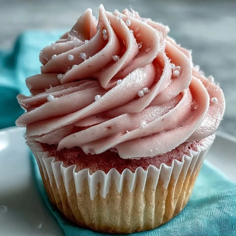 Moist, blush-pink Pink Velvet Cupcakes topped with fluffy vanilla buttercream and colorful sprinkles on a marble countertop.