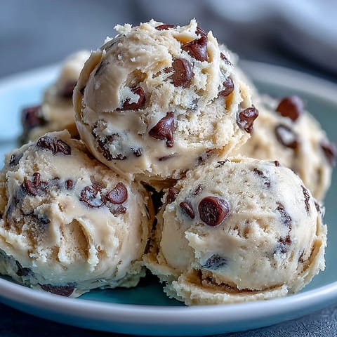 A close-up of Greek Yogurt Cookie Dough highlights a creamy texture with vanilla-speckled butter and sugary sweetness ready to scoop.