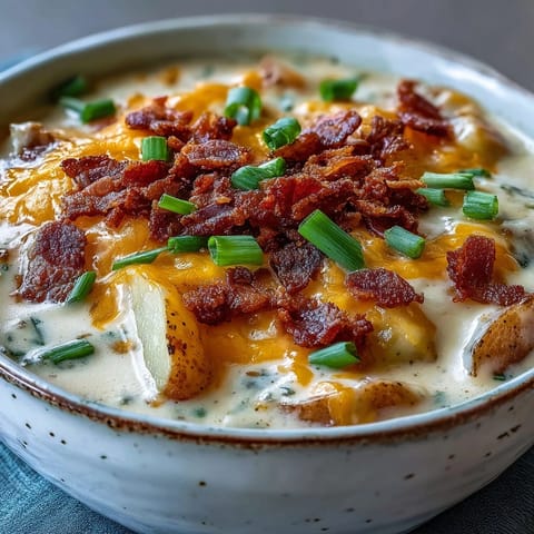 Spoon dipping into a bowl of Loaded Potato Soup, serving the velvety cheddar and bacon soup hot.