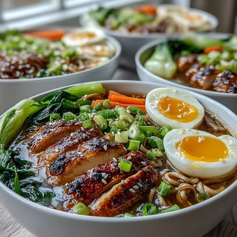 Healthy Miso Chicken Noodle Bowls featuring tender sliced chicken and soft-boiled eggs nestled in a steaming savory broth.