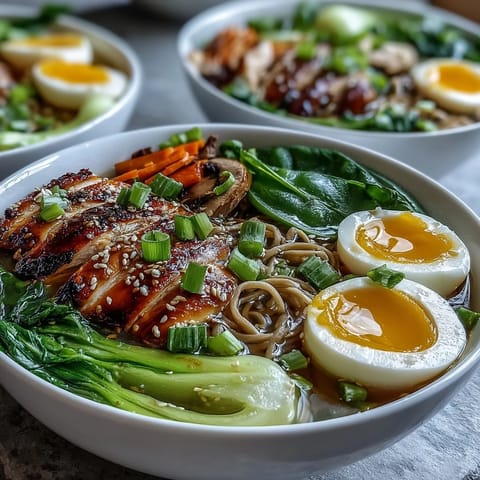 Bright crisp bok choy and sesame seeds garnish this warm umami-rich Asian fusion noodle bowl.