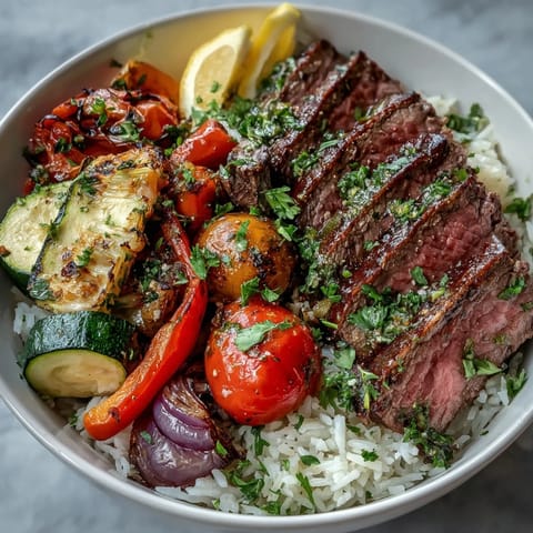 Tender steak strips and colorful roasted vegetables sit atop steaming rice in this easy one-pan Sheet Pan Steak and Veggie Bowl.