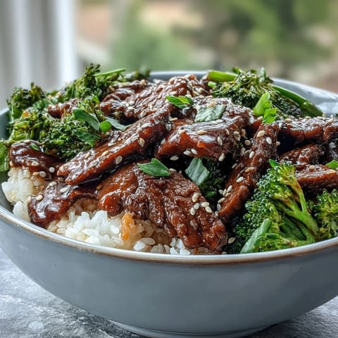 Steamed broccoli florets and tender beef strips over rice with savory sauce and green onions garnish.
