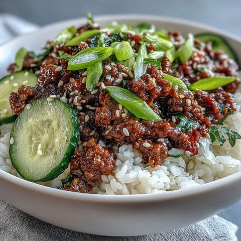 Fork-tender Korean Ground Beef Bowl with sesame-scented meat over fluffy white rice, topped with colorful quick-pickled carrots and cucumbers.
