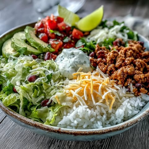 Golden-brown seasoned ground turkey, fluffy rice, and colorful toppings in a Turkey Taco Bowl.