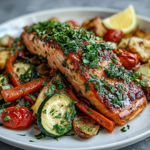 A healthy, gluten-free dinner for four featuring tender salmon fillets nestled among colorful roasted vegetables on a single sheet pan.