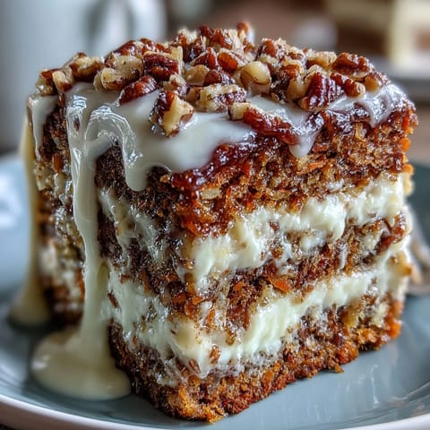 Moist spiced carrot cake with crunchy walnuts, layered with tangy cream cheese frosting—perfect for spring celebrations and Easter gatherings.