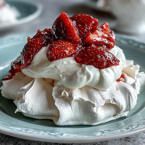 Elegant mini pavlovas with billowy whipped cream and juicy strawberries, a perfect gluten-free dessert for spring.